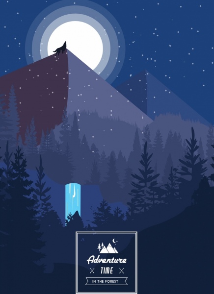 Icone della natura avventura banner al chiaro di luna montagna foresta