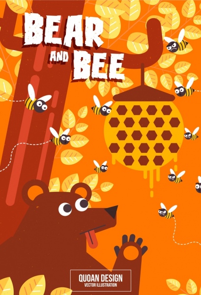 nature fond ours abeilles icônes colorées dessin animé