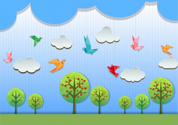 natureza fundo pássaro nuvem árvore ícones papel cut