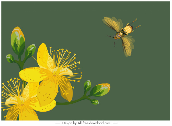 자연 백그라운드 피 꽃 꿀벌 스케치 컬러 클래식