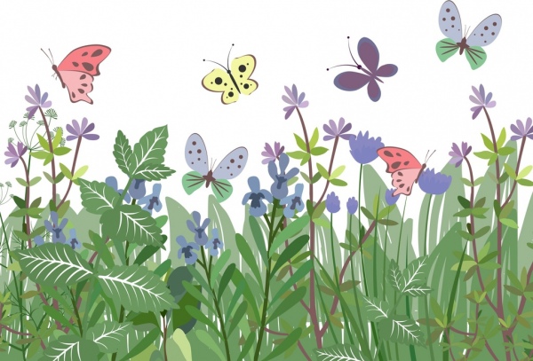 Icone della natura sfondo farfalle variopinte piante verdi
