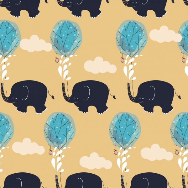 Gajah latar belakang alam pohon ikon mengulangi handdrawn sketsa