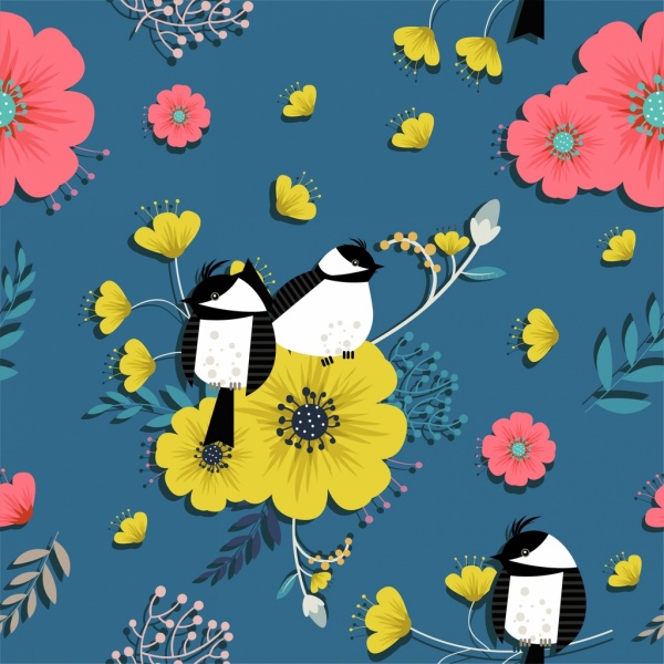 latar belakang alam bunga burung ikon dekorasi desain warna-warni
