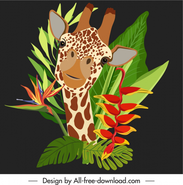 природа фон жираф цветы листья эскиз темный дизайн