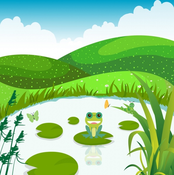 alam latar belakang hijau dekorasi rumput kolam katak ikon