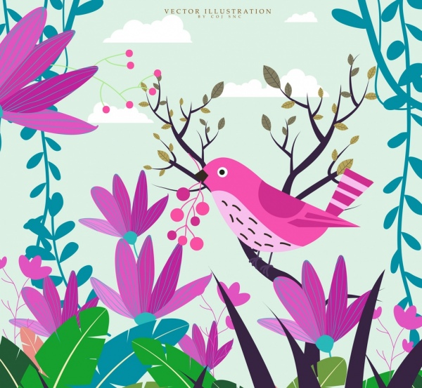 自然背景粉紅色的鳥豐富多彩的植物裝潢