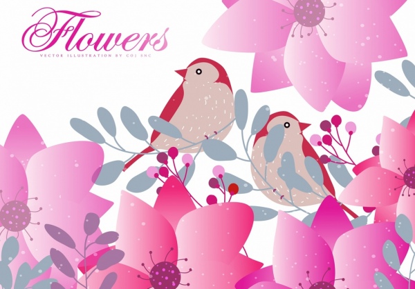 自然背景的粉紅色花鳥卡通設計