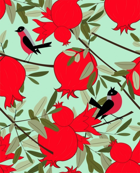 Natur Hintergrund Granatapfel Vogel Symbole bunten design