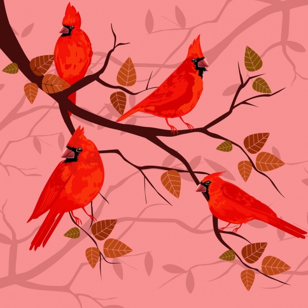 Cành cây trang trí chim tự nhiên nền đỏ.