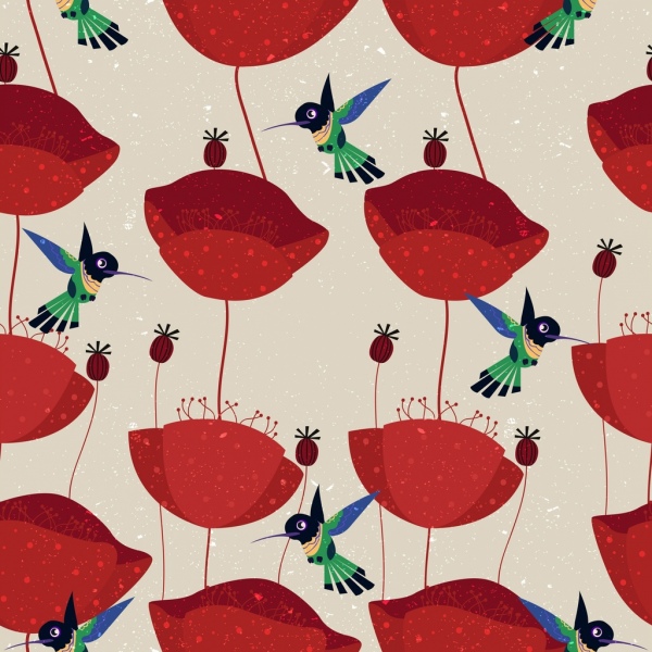 patrón de los iconos de naturaleza fondo rojo flor pájaro