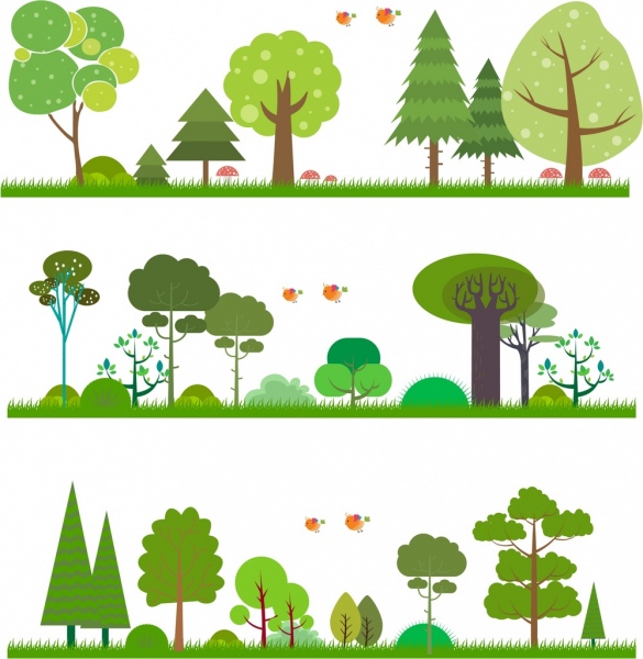 latar belakang alam set pohon-pohon hijau dekorasi kartun desain