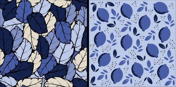자연 배경 세트 나뭇잎 아이콘 어두운 블루 디자인
