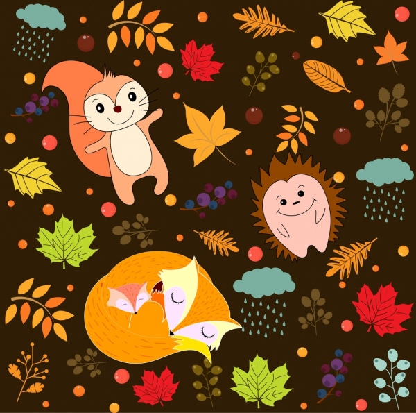 ícones de porco-espinho natureza fundo esquilo raposa folhas decoração