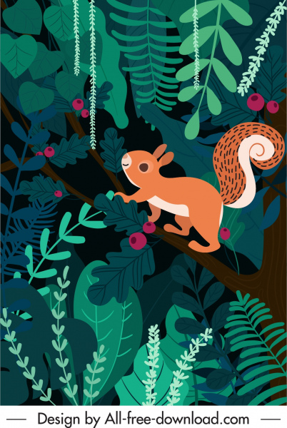 自然背景松鼠丛林素描五颜六色的平面设计
