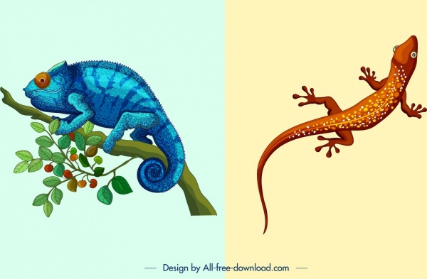 자연 배경 템플릿 카멜레온 도마뱀 아이콘 컬러 디자인