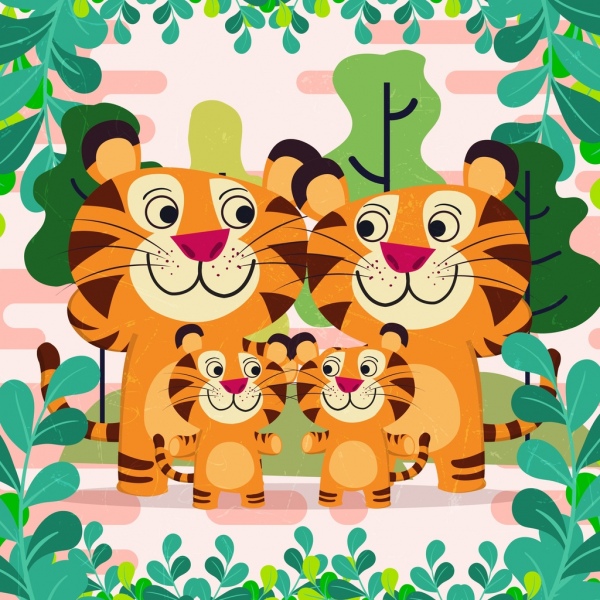 design dessin animé mignon de nature fond tigres icônes famille