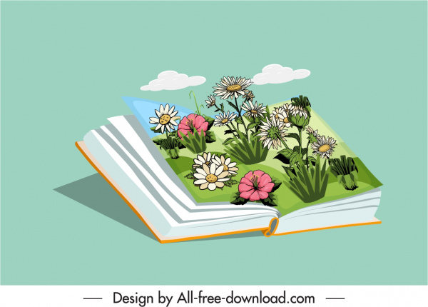 自然の本のアイコンカラフルな3D花の装飾