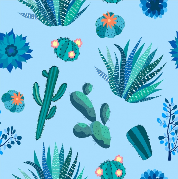 charakter kaktus tło zielone, niebieskie powtarzać ikony