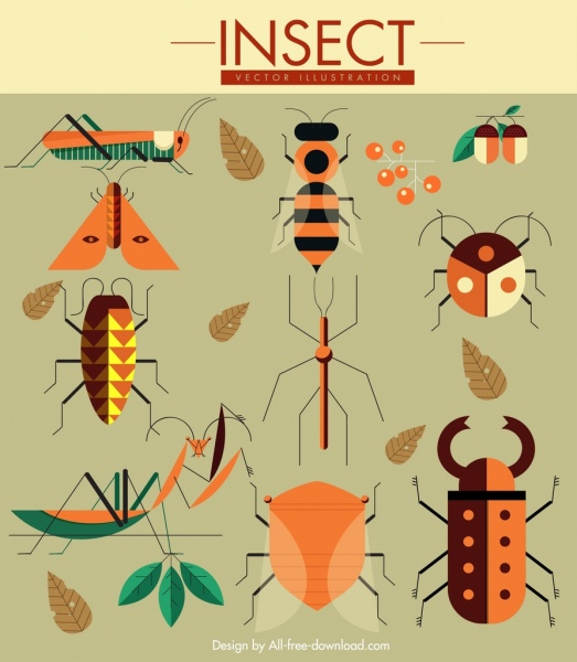 natureza design elementos gafanhotos insetos borboletas ícones