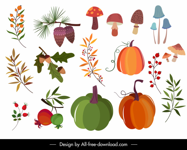 자연 디자인 요소 버섯 호박 잎 스케치