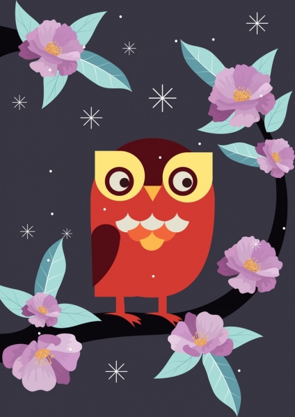 menggambar bunga bertengger owl ikon alam
