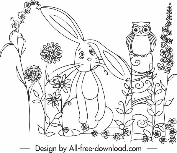 naturaleza dibujo conejo búho flores lindo dibujos animados dibujados a mano