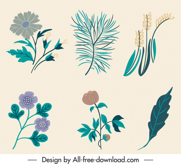 ikon elemen alam floras handdrawn klasik meninggalkan sketsa