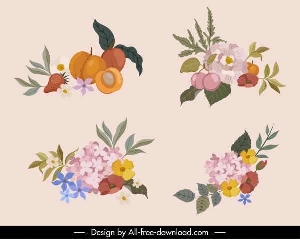 elemen alam ikon warna-warni klasik buah botani sketsa