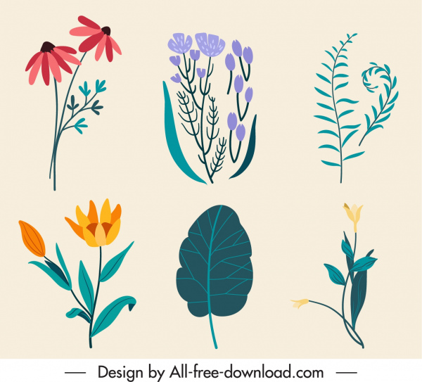 ícones de elementos da natureza colorido clássico esboço desenhado à mão