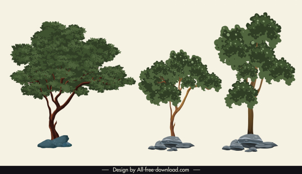 doğa öğeleri simgeleri yeşil ağaçlar kroki klasik tasarım