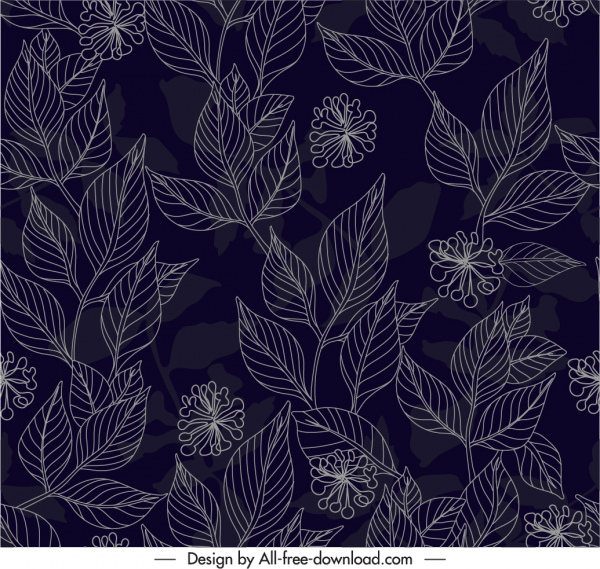 naturaleza elementos patrón oscuro dibujado a mano boceto de hojas de botánica