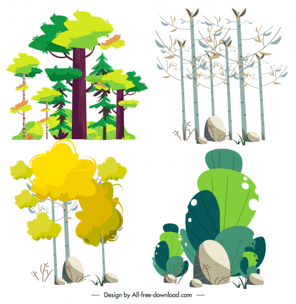 자연 요소 나무 돌 스케치 클래식 핸드 그린 디자인