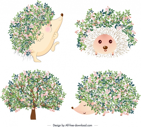 ícones da natureza ouriço árvore flores decoração