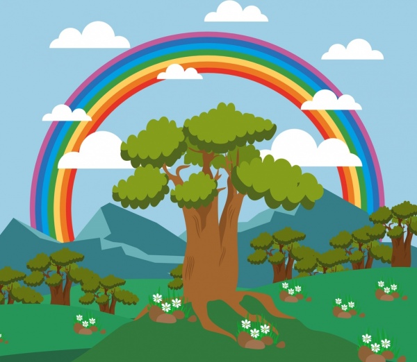 la natura del paesaggio sullo sfondo colorato arcobaleno albero montagna icone