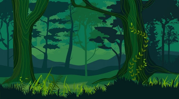 ภูมิทัศน์ธรรมชาติที่วาดรูปออกแบบสีเขียวเข้มป่าคอน