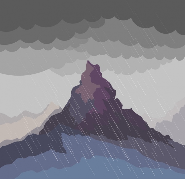 la natura del paesaggio di montagna disegno icone di colore dei cartoni animati di pioggia