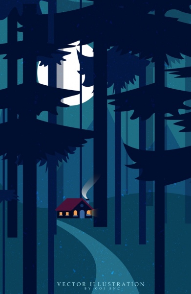 pemandangan alam yang menggambar ikon cottage hutan dekorasi gelap
