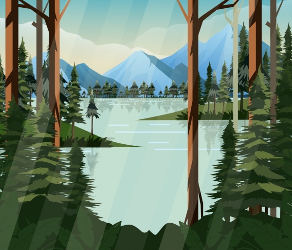 自然风景绘画湖山森林图标装饰