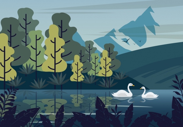 自然風景畫湖天鵝樹山圖示