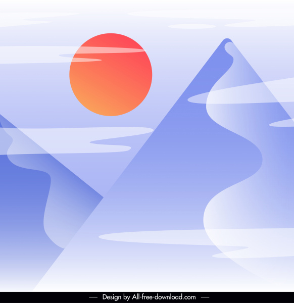 lanskap alam melukis sketsa gunung matahari datar klasik