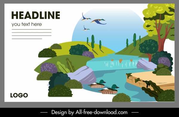 cartel del paisaje de la naturaleza colorido diseño corriente bosquejo