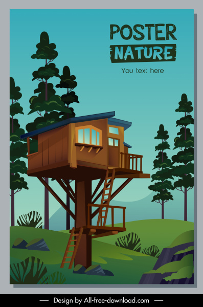 doğa yaşayan poster şablonu ağaç kulübe kroki