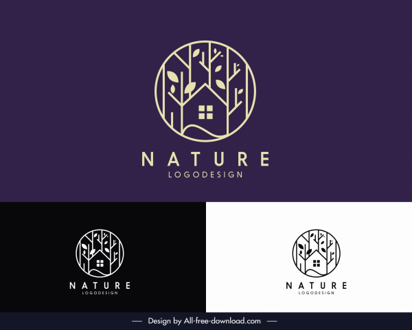 modelo de logotipo natureza layout círculo de casa de árvore plana