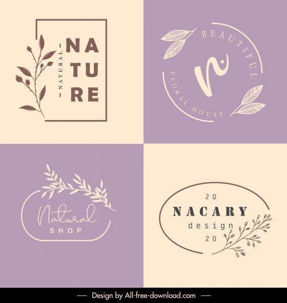 modelos de logotipo da natureza brilhante clássico decoração plantas retraídas à mão