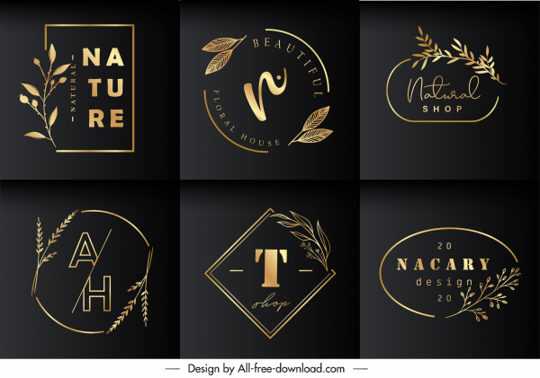 Natur-Logo-Vorlagen elegante dunkle goldene Pflanzen Dekor