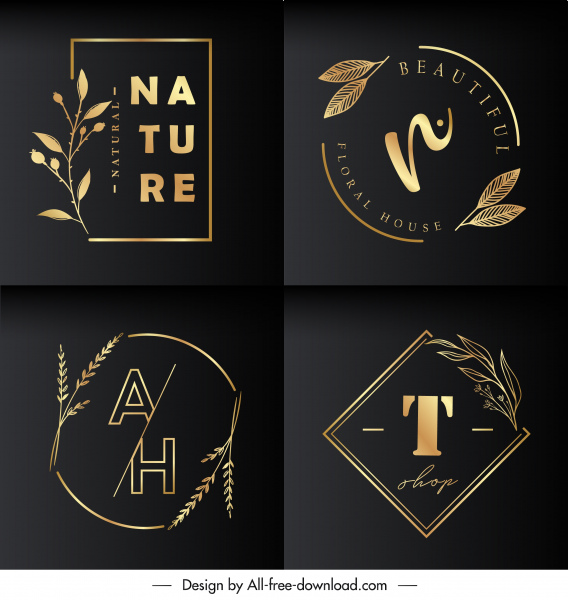 Natur-Logo-Vorlagen goldene Blätter Dekor dunkle Eleganz