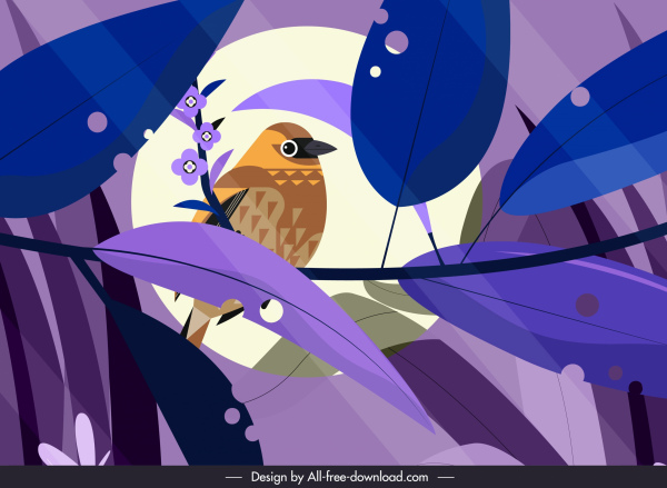 nature peinture oiseau perchoir croquis coloré rétro design