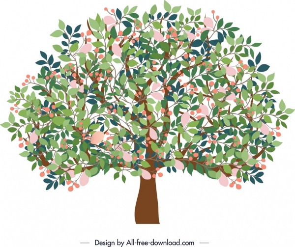 lukisan alam ikon pohon mekar desain warna-warni klasik