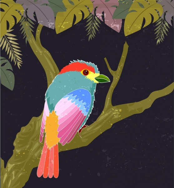 自然绘画色彩缤纷的鸟树图标深色设计