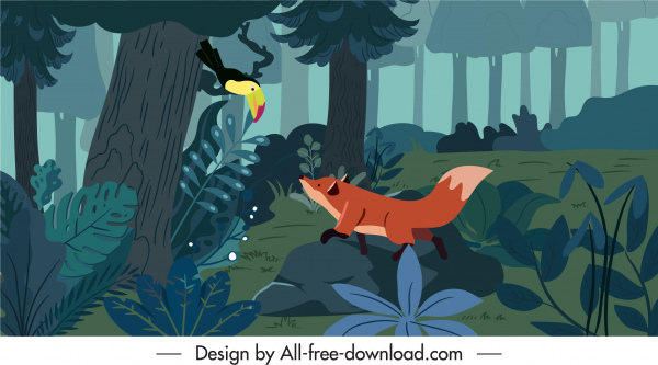 طبيعة اللوحة الغابة الثعلب toucan رسم تصميم الرسوم المتحركة